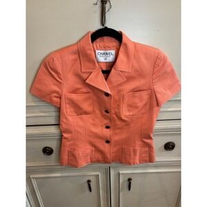 Chanel Vintage Short Sleeve Orange Salmon Button Up Collard Blouse Small